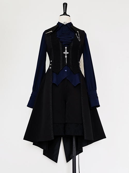 Black And Blue Series Lolita Ouji Fashion Metal Chain Cross Pendant Lace-Up Back Tailcoat Vest