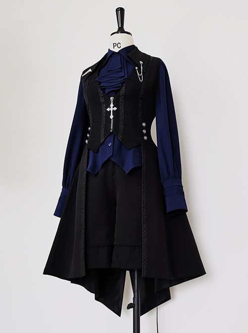 Black And Blue Series Lolita Ouji Fashion Metal Chain Cross Pendant Lace-Up Back Tailcoat Vest