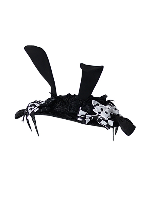 Rabbit Theater Series Black White Rabbit Ear Jacquard Version Lolita Ouji Fashion Black Bow knots Lace Wide Brim Hat