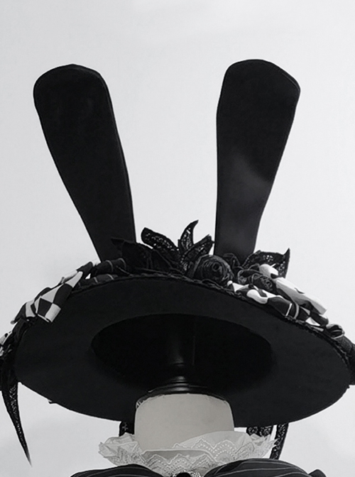 Rabbit Theater Series Black White Rabbit Ear Jacquard Version Lolita Ouji Fashion Black Bow knots Lace Wide Brim Hat