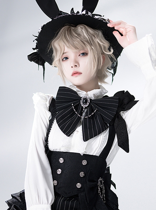 Rabbit Theater Series Jacquard Version Lolita Ouji Fashion Version B Metallic Chains Striped Cotton-Filled Black Bowknot Decoration Brooch