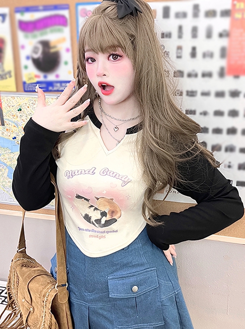 American Style Good Luck Koi Series Kawaii Fashion Plus Size Cute Cat Print Colorblock Design V Neck Long Sleeve Bottoming Shirt