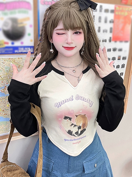 American Style Good Luck Koi Series Kawaii Fashion Plus Size Cute Cat Print Colorblock Design V Neck Long Sleeve Bottoming Shirt