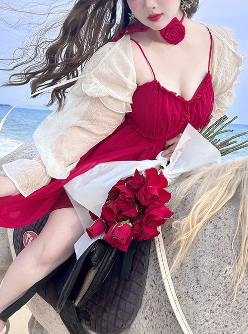 Eros APhrodite Series White Rose Jacquard Fabric Lantern Sleeve Design Elegant Kawaii Fashion Long Sleeves Coat
