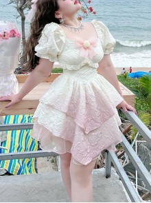 Rose Milk Fu Series Pink-White Gradient Irregular Hem Design Binding Band Kawaii Fashion Short Sleeves Dress