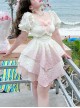 Rose Milk Fu Series Pink-White Gradient Irregular Hem Design Binding Band Kawaii Fashion Short Sleeves Dress