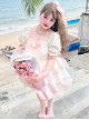 Rose Milk Fu Series Pink-White Gradient Irregular Hem Design Binding Band Kawaii Fashion Short Sleeves Dress