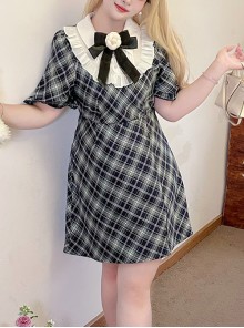 Miss Salinger Series Retro Plaid Lapel Sweet Simple Daily Kawaii Fashion Short Sleeves Dress