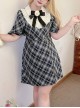Miss Salinger Series Retro Plaid Lapel Sweet Simple Daily Kawaii Fashion Short Sleeves Dress