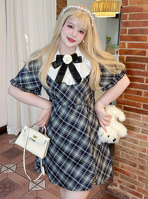 Miss Salinger Series Retro Plaid Lapel Sweet Simple Daily Kawaii Fashion Short Sleeves Dress