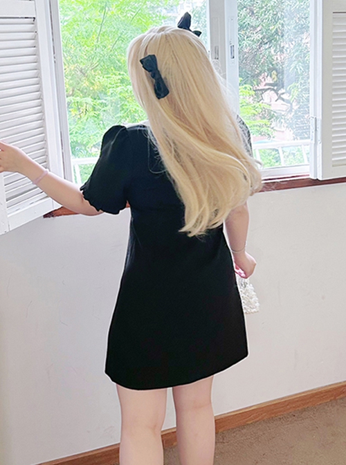 Miss Salinger Series Cute Lapel Black Pure Color Daily Simple Kawaii Fashion Short Sleeves Dress