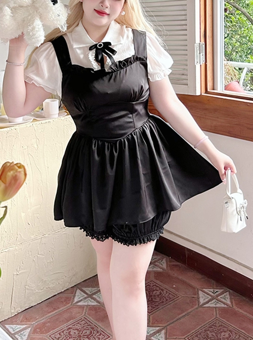 College Style Cute Lapel Heart Hollow Short-Sleeved Shirt Simple Sleeveless Dress Kawaii Fashion Black White Suit