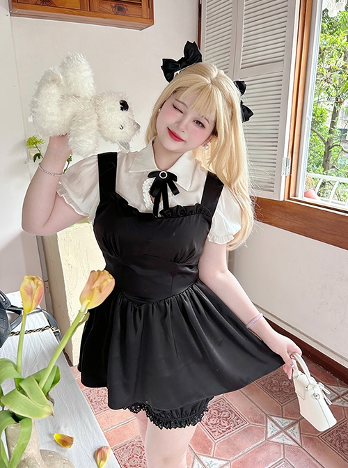 College Style Cute Lapel Heart Hollow Short-Sleeved Shirt Simple Sleeveless Dress Kawaii Fashion Black White Suit