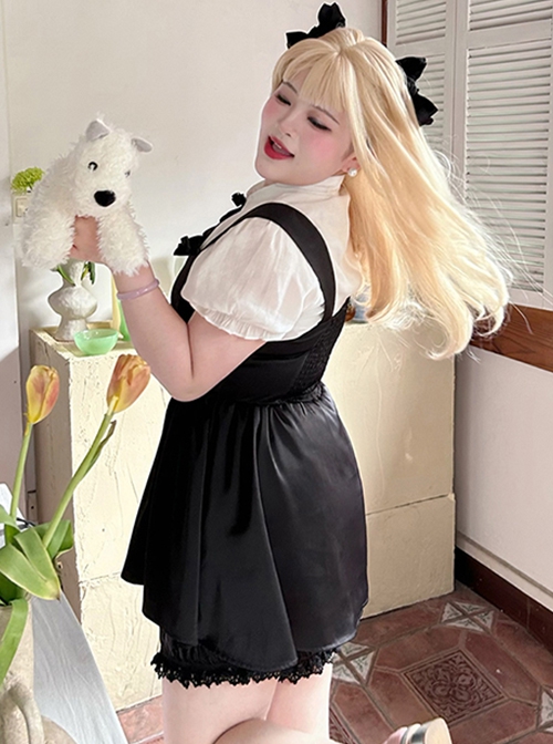 College Style Cute Lapel Heart Hollow Short-Sleeved Shirt Simple Sleeveless Dress Kawaii Fashion Black White Suit