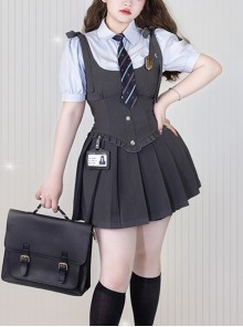 School Flower Policewoman Series College Style Pure Color Binding Band Fish Bone Slim Fit Kawaii Fashion Sleeveless Vest