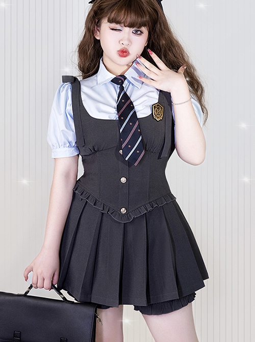 School Flower Policewoman Series College Style Pure Color Binding Band Fish Bone Slim Fit Kawaii Fashion Sleeveless Vest