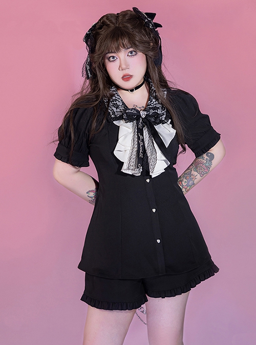 Landmine Series Black Lace Lapel Puff Sleeve Design Binding Band Adjustment Summer Kawaii Fashion Shirt Short Pants Suit