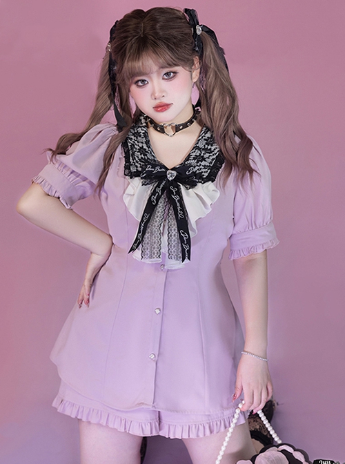 Landmine Series Black Lace Lapel Puff Sleeve Design Binding Band Adjustment Summer Kawaii Fashion Shirt Short Pants Suit