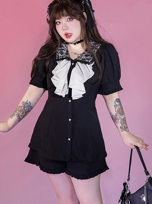 Landmine Series Black Lace Lapel Puff Sleeve Design Binding Band Adjustment Summer Kawaii Fashion Shirt Short Pants Suit