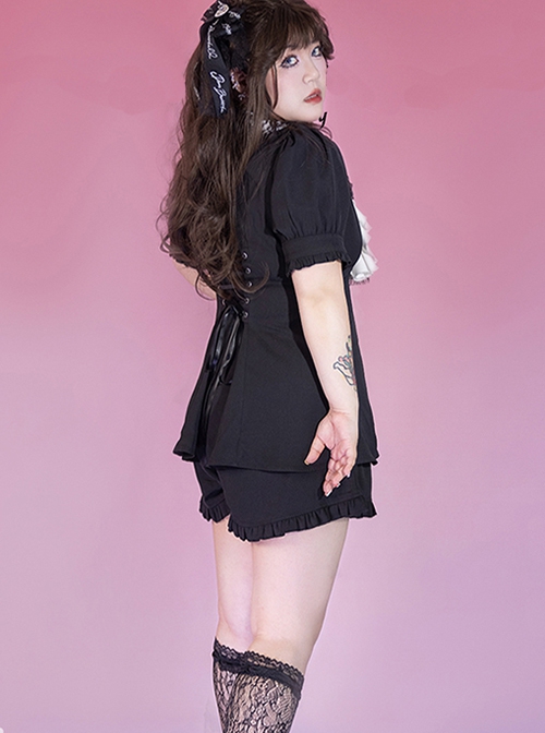 Landmine Series Black Lace Lapel Puff Sleeve Design Binding Band Adjustment Summer Kawaii Fashion Shirt Short Pants Suit