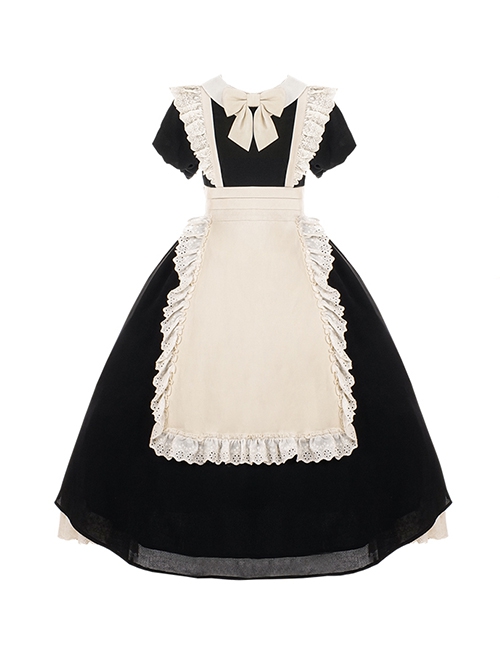 Kiss Kiss Series Elegant Fake Two Piece Lace Apron Design Black Maid Outfit Sweet Lolita Short Sleeved Dress
