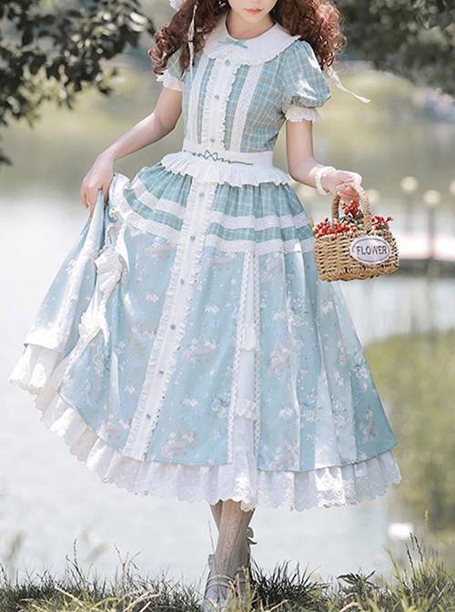 Blue Retro Print Plaid Stitching Cute Doll Collar Bowknot Embroidery Elegant Classic Lolita Short Sleeved Dress