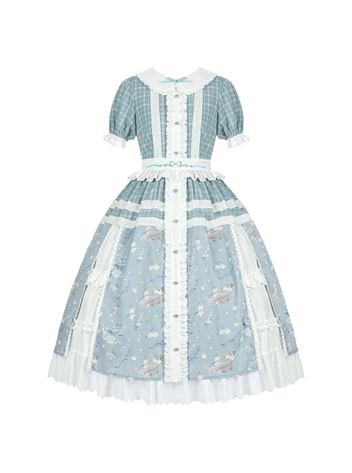 Blue Retro Print Plaid Stitching Cute Doll Collar Bowknot Embroidery Elegant Classic Lolita Short Sleeved Dress