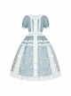 Blue Retro Print Plaid Stitching Cute Doll Collar Bowknot Embroidery Elegant Classic Lolita Short Sleeved Dress