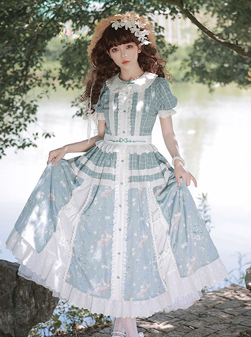 Blue Retro Print Plaid Stitching Cute Doll Collar Bowknot Embroidery Elegant Classic Lolita Short Sleeved Dress