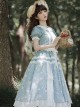 Blue Retro Print Plaid Stitching Cute Doll Collar Bowknot Embroidery Elegant Classic Lolita Short Sleeved Dress