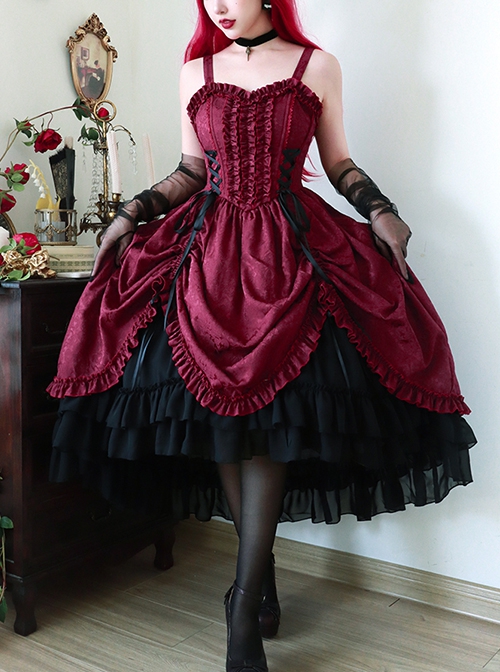 Retro Classical Elegant Wine Red Jacquard Fabric Binding Band Design Gothic Lolita Sleeveless Dress