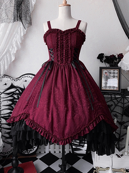 Retro Classical Elegant Wine Red Jacquard Fabric Binding Band Design Gothic Lolita Sleeveless Dress