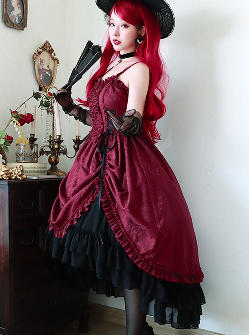 Retro Classical Elegant Wine Red Jacquard Fabric Binding Band Design Gothic Lolita Sleeveless Dress