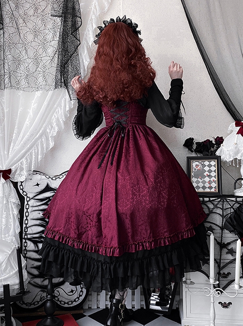 Retro Classical Elegant Wine Red Jacquard Fabric Binding Band Design Gothic Lolita Sleeveless Dress