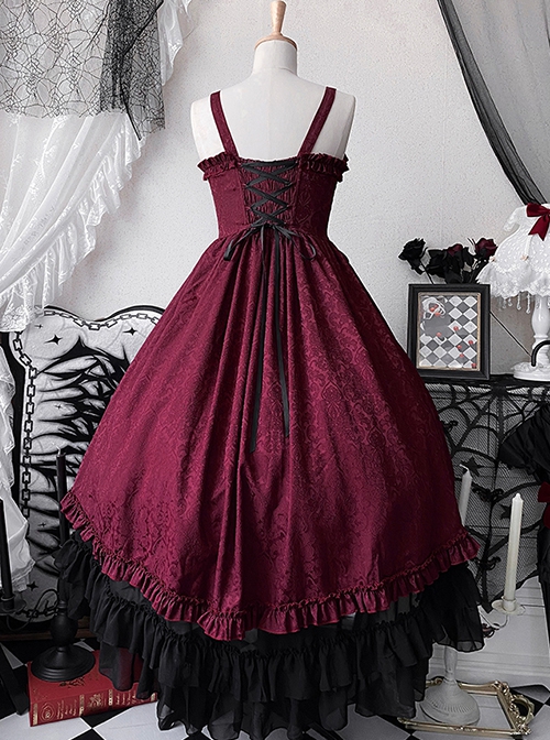 Retro Classical Elegant Wine Red Jacquard Fabric Binding Band Design Gothic Lolita Sleeveless Dress