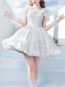 Miss Hill Series White Elegant Pure Color Binding Band Design Daily Classic Lolita Short Sleeve Dress