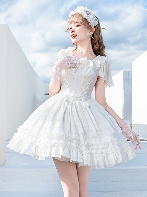 Miss Hill Series White Elegant Pure Color Binding Band Design Daily Classic Lolita Short Sleeve Dress