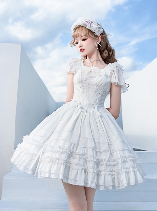 Miss Hill Series White Elegant Pure Color Binding Band Design Daily Classic Lolita Short Sleeve Dress