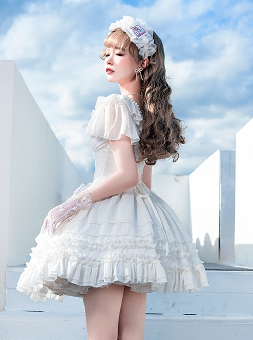 Miss Hill Series White Elegant Pure Color Binding Band Design Daily Classic Lolita Short Sleeve Dress