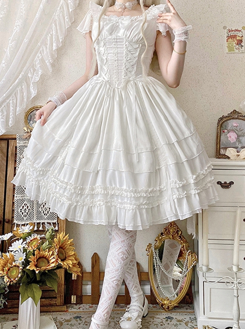 Miss Hill Series Backless Binding Band Design Elegant White Daily Classic Lolita Short Sleeve Dress