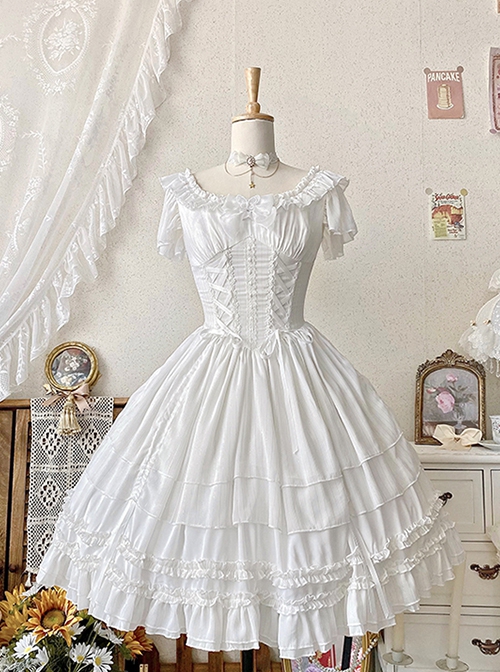 Miss Hill Series Backless Binding Band Design Elegant White Daily Classic Lolita Short Sleeve Dress