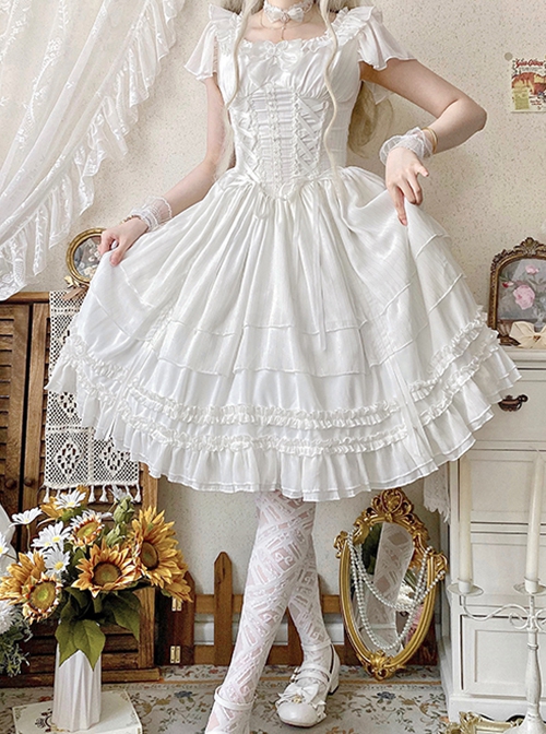 Miss Hill Series Backless Binding Band Design Elegant White Daily Classic Lolita Short Sleeve Dress