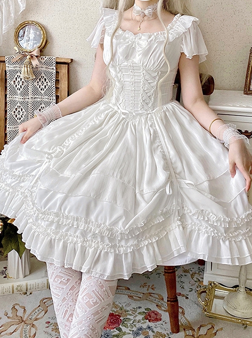 Miss Hill Series Backless Binding Band Design Elegant White Daily Classic Lolita Short Sleeve Dress