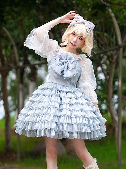 Multi-Layer Cake Skirt Series Gray Blue Simple Bowknot Decoration Daily Classic Lolita Sleeveless Dress