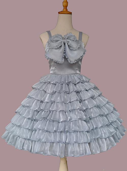 Multi-Layer Cake Skirt Series Gray Blue Simple Bowknot Decoration Daily Classic Lolita Sleeveless Dress