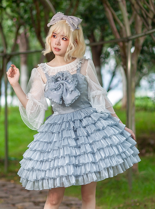 Multi-Layer Cake Skirt Series Gray Blue Simple Bowknot Decoration Daily Classic Lolita Sleeveless Dress