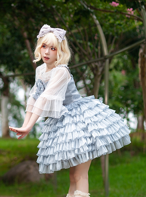 Multi-Layer Cake Skirt Series Gray Blue Simple Bowknot Decoration Daily Classic Lolita Sleeveless Dress