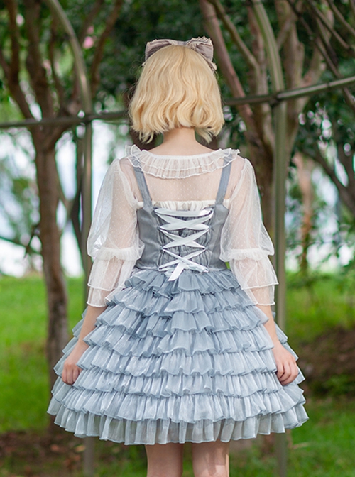 Multi-Layer Cake Skirt Series Gray Blue Simple Bowknot Decoration Daily Classic Lolita Sleeveless Dress