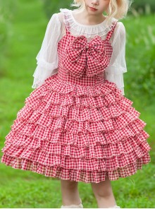 Multi-Layered Cake Skirt Series Bowknot Decoration Plaid Print Daily All-Match Classic Lolita Sleeveless Dress