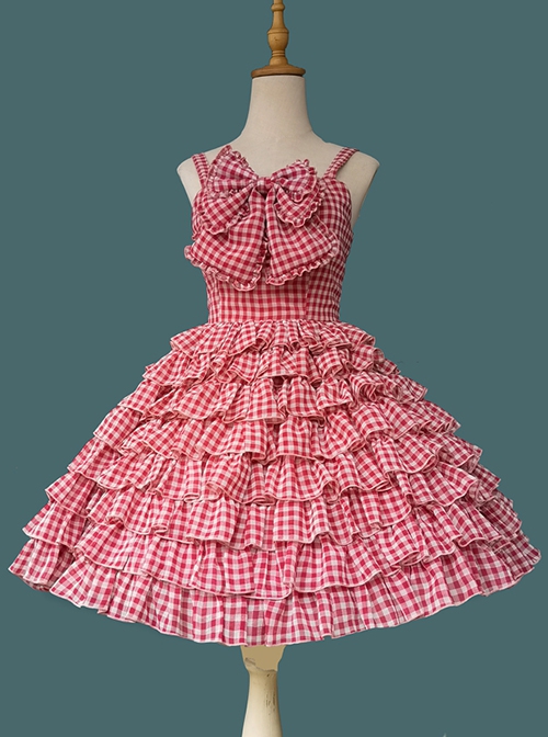 Multi-Layered Cake Skirt Series Bowknot Decoration Plaid Print Daily All-Match Classic Lolita Sleeveless Dress